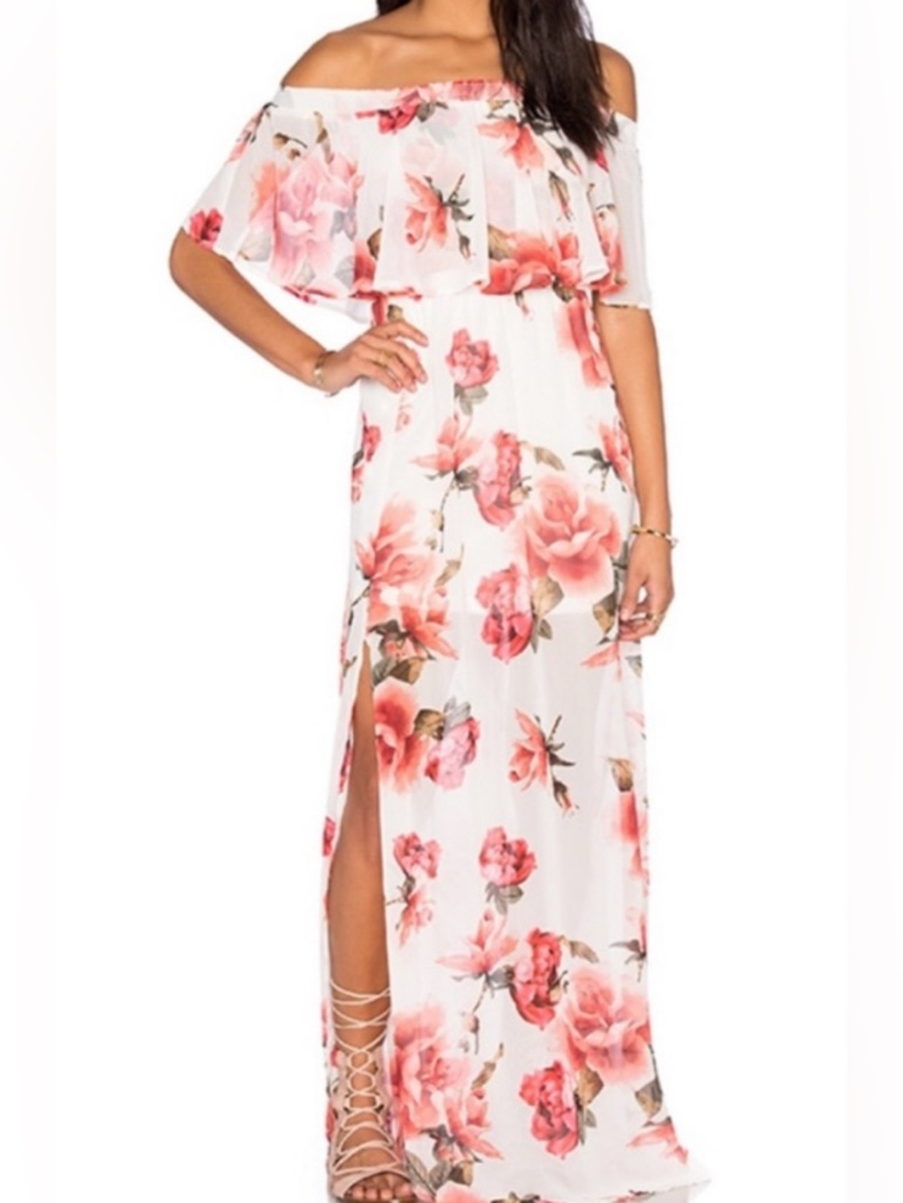 Show Me Your MuMu White Hacienda Maxi Dress with Floral Print NEW